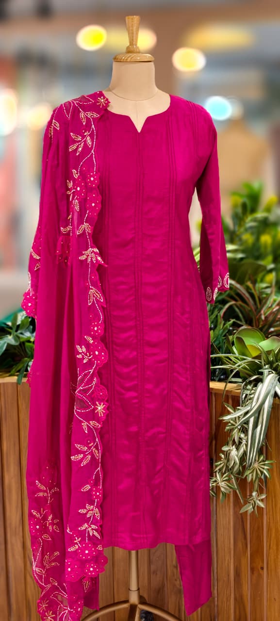 Solid Pleated Straight Full Suit Set With Complete Cut-Work Dupatta In Russian Silk Fabric-13085