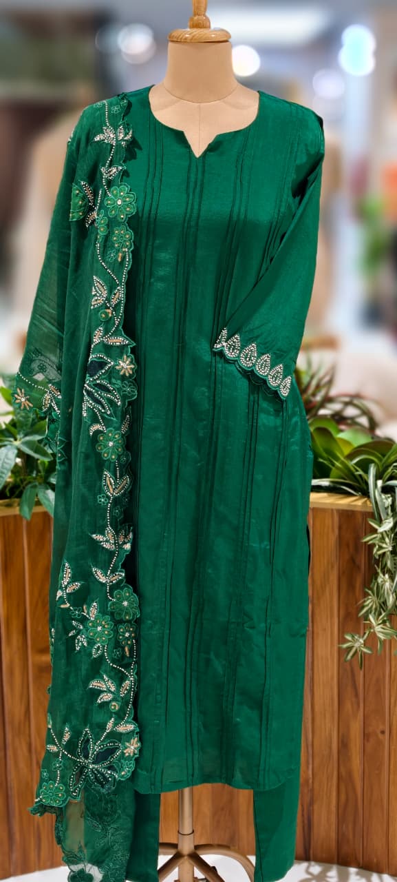 Solid Pleated Straight Full Suit Set With Complete Cut-Work Dupatta In Russian Silk Fabric-13085