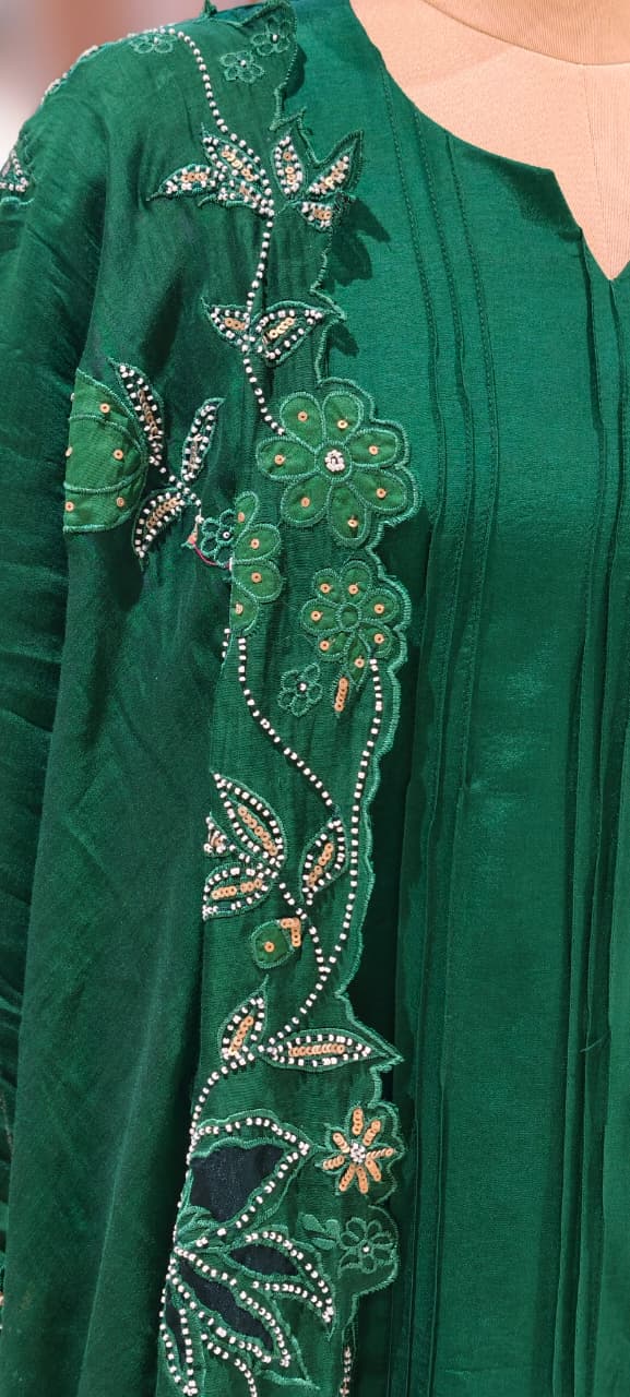 Solid Pleated Straight Full Suit Set With Complete Cut-Work Dupatta In Russian Silk Fabric-13085