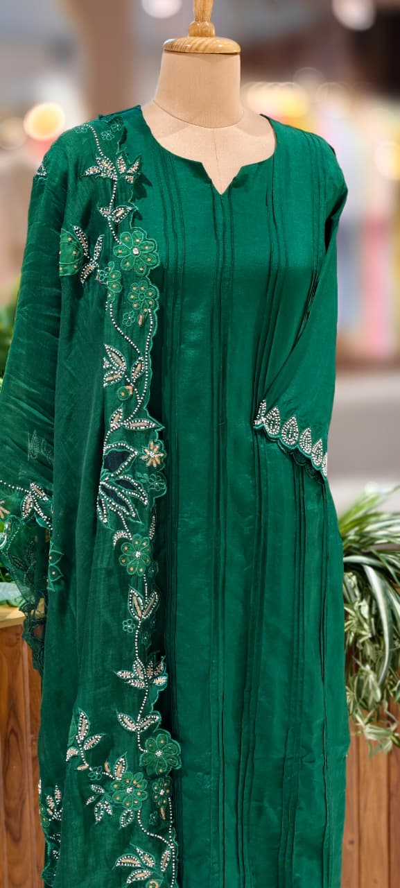 Solid Pleated Straight Full Suit Set With Complete Cut-Work Dupatta In Russian Silk Fabric-13085