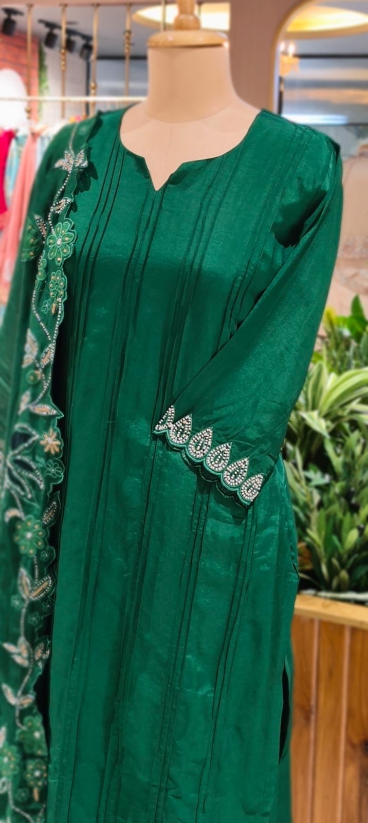 Solid Pleated Straight Full Suit Set With Complete Cut-Work Dupatta In Russian Silk Fabric-13085