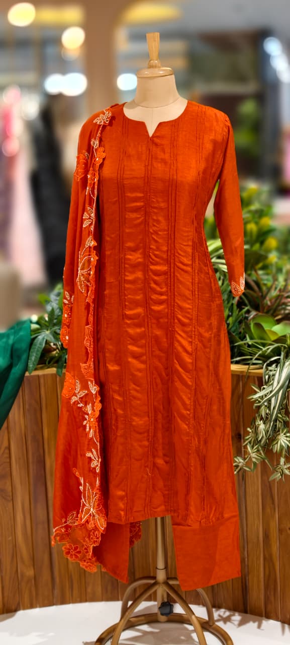 Solid Pleated Straight Full Suit Set With Complete Cut-Work Dupatta In Russian Silk Fabric-13085