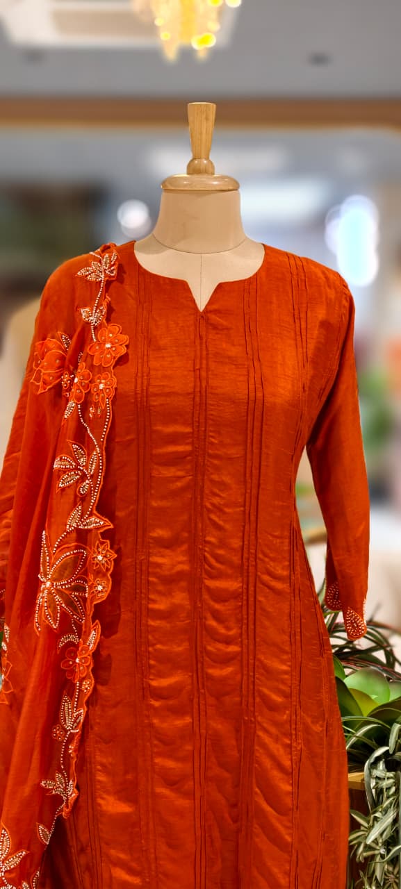 Solid Pleated Straight Full Suit Set With Complete Cut-Work Dupatta In Russian Silk Fabric-13085