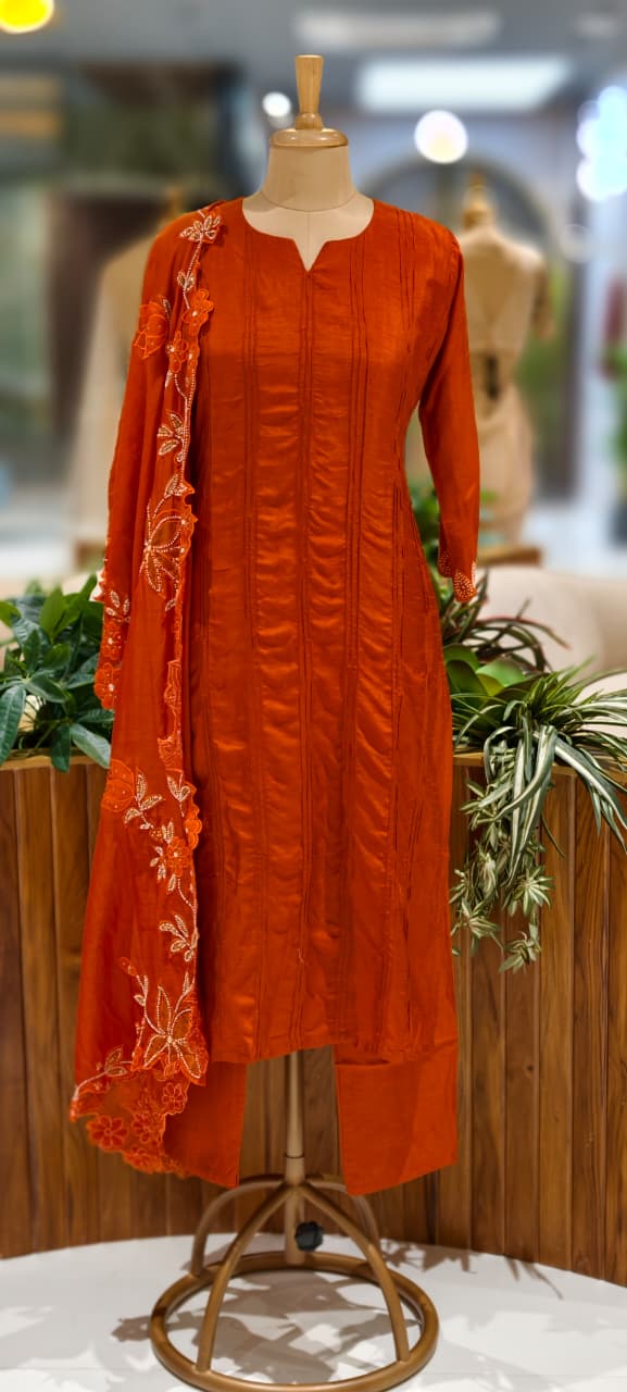 Solid Pleated Straight Full Suit Set With Complete Cut-Work Dupatta In Russian Silk Fabric-13085