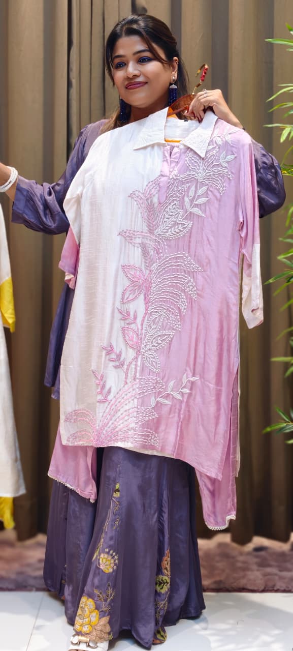 Cut-Dana Leafy Patterned Pastel Twin Color Co-Ord Set In Russian Silk Fabric- 12915