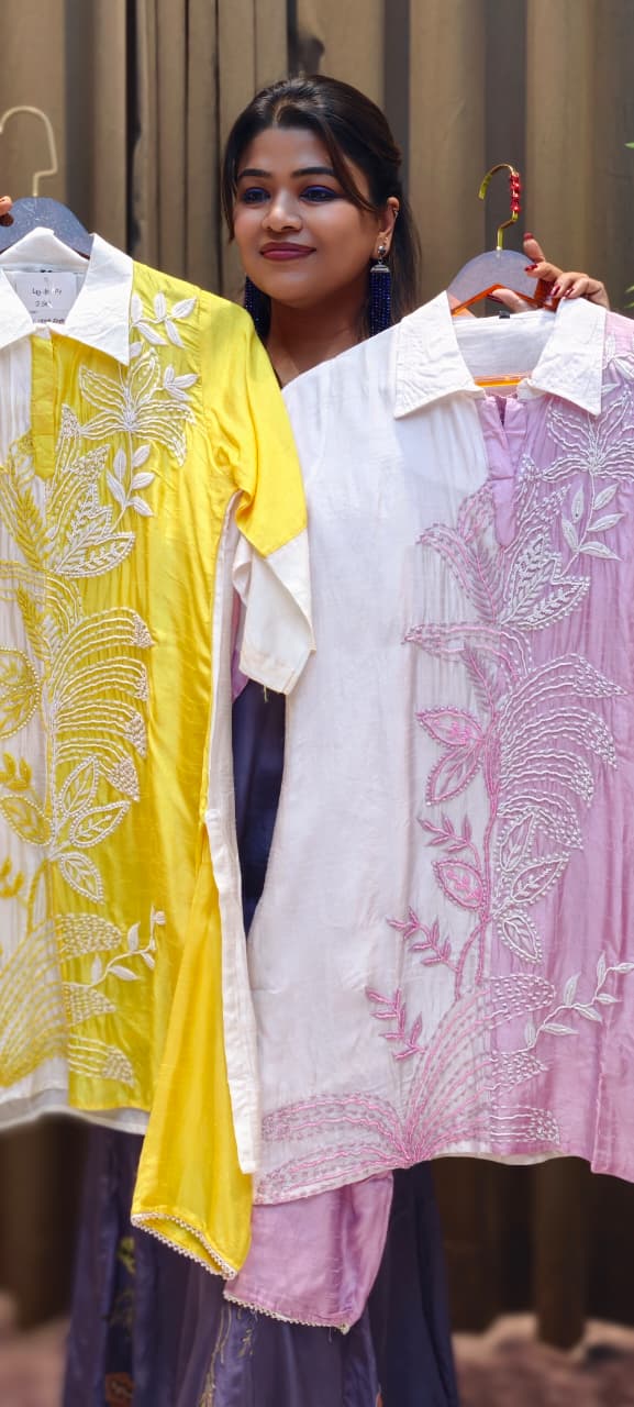 Cut-Dana Leafy Patterned Pastel Twin Color Co-Ord Set In Russian Silk Fabric- 12915