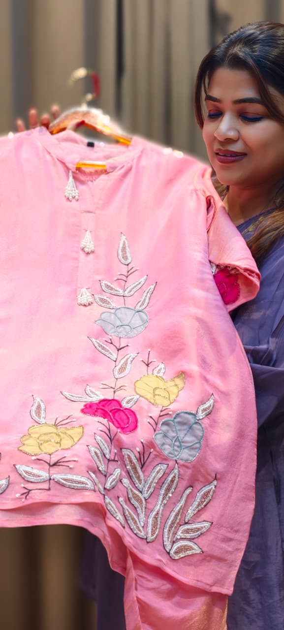 Highlighted Floral Embroidery Pearl Outline Tasseled Co-Ord Set In Tissue Fabric-12917