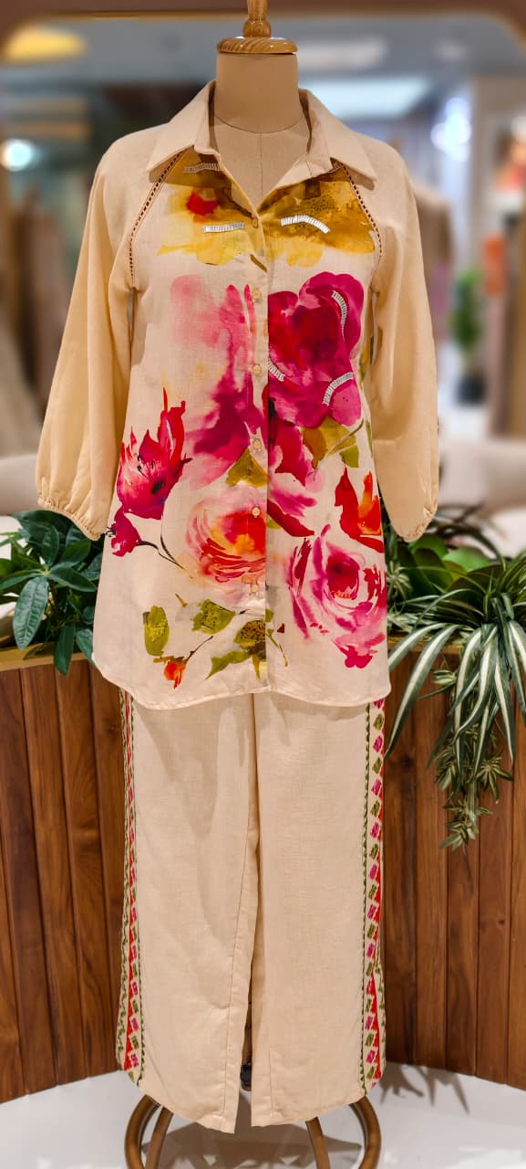 Off-White Floral Printed Shirt-Style Kurta with Embroidered Side-Panel Pants In Linen Fabric- 13089