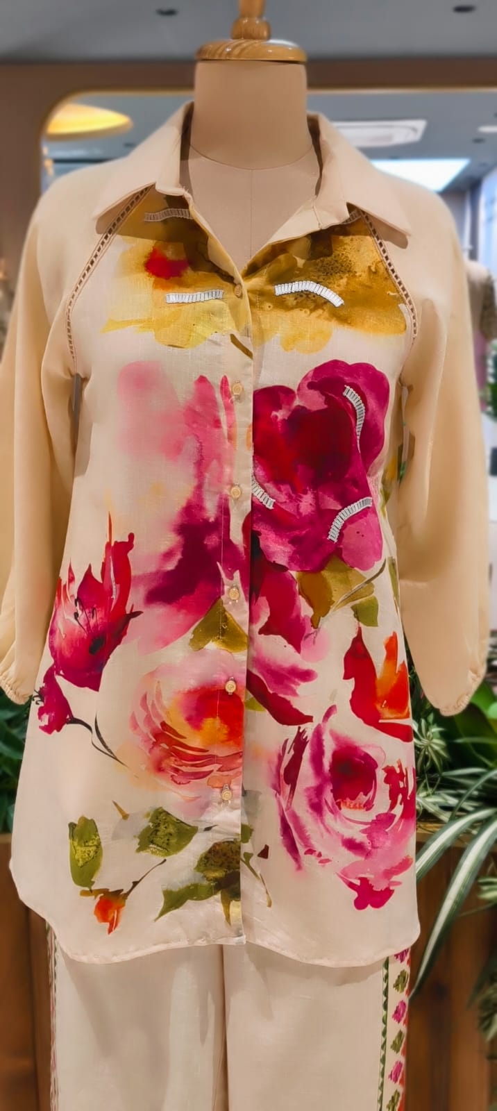 Off-White Floral Printed Shirt-Style Kurta with Embroidered Side-Panel Pants In Linen Fabric- 13089