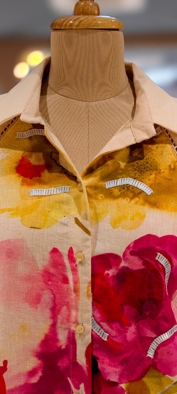 Off-White Floral Printed Shirt-Style Kurta with Embroidered Side-Panel Pants In Linen Fabric- 13089