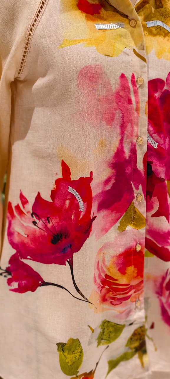 Off-White Floral Printed Shirt-Style Kurta with Embroidered Side-Panel Pants In Linen Fabric- 13089