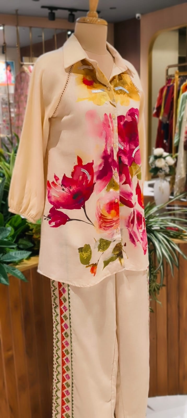 Off-White Floral Printed Shirt-Style Kurta with Embroidered Side-Panel Pants In Linen Fabric- 13089