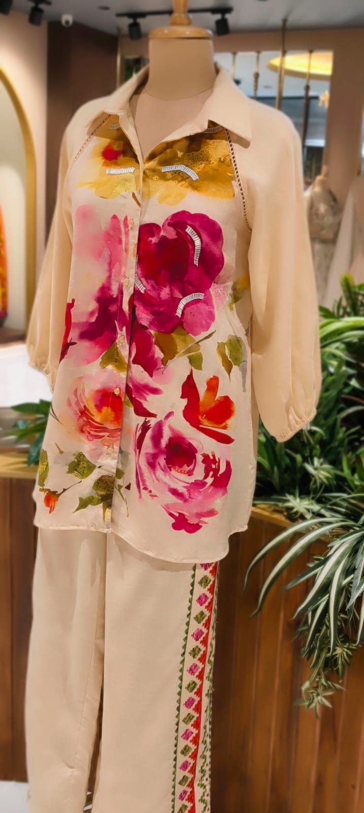 Off-White Floral Printed Shirt-Style Kurta with Embroidered Side-Panel Pants In Linen Fabric- 13089