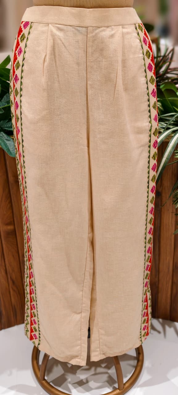 Off-White Floral Printed Shirt-Style Kurta with Embroidered Side-Panel Pants In Linen Fabric- 13089