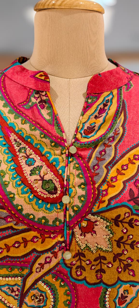 Elegant Wine Paisley Motif Printed Kurta Paired With Matching Pants In Modal Satin Fabric- 13088