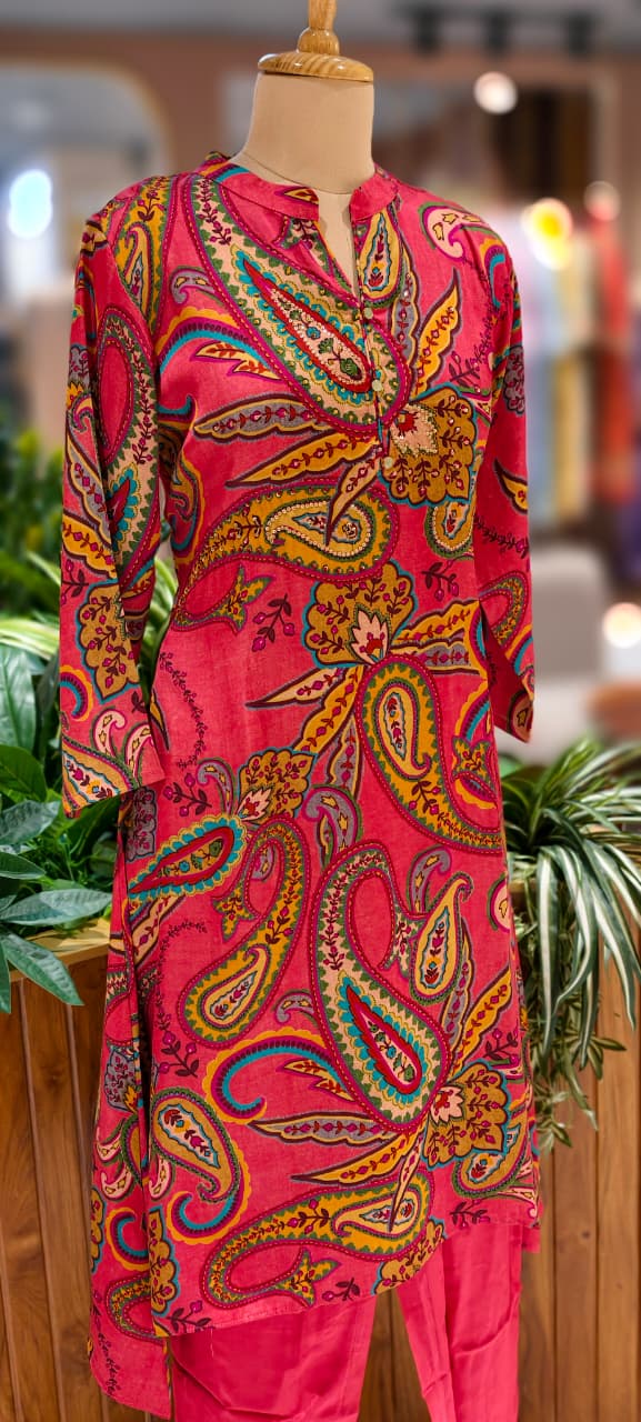 Elegant Wine Paisley Motif Printed Kurta Paired With Matching Pants In Modal Satin Fabric- 13088