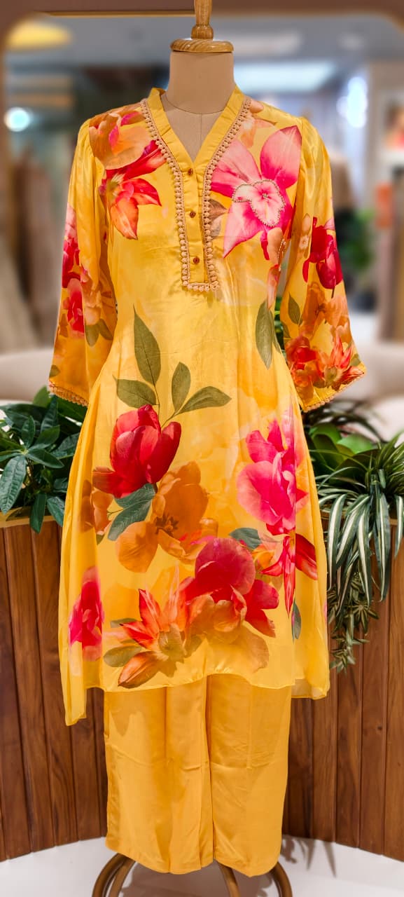 Elegant Yellow Floral Printed Kurta With Decorative Neck Detailing and Matching Pants In Pure Crepe Fabric- 13091