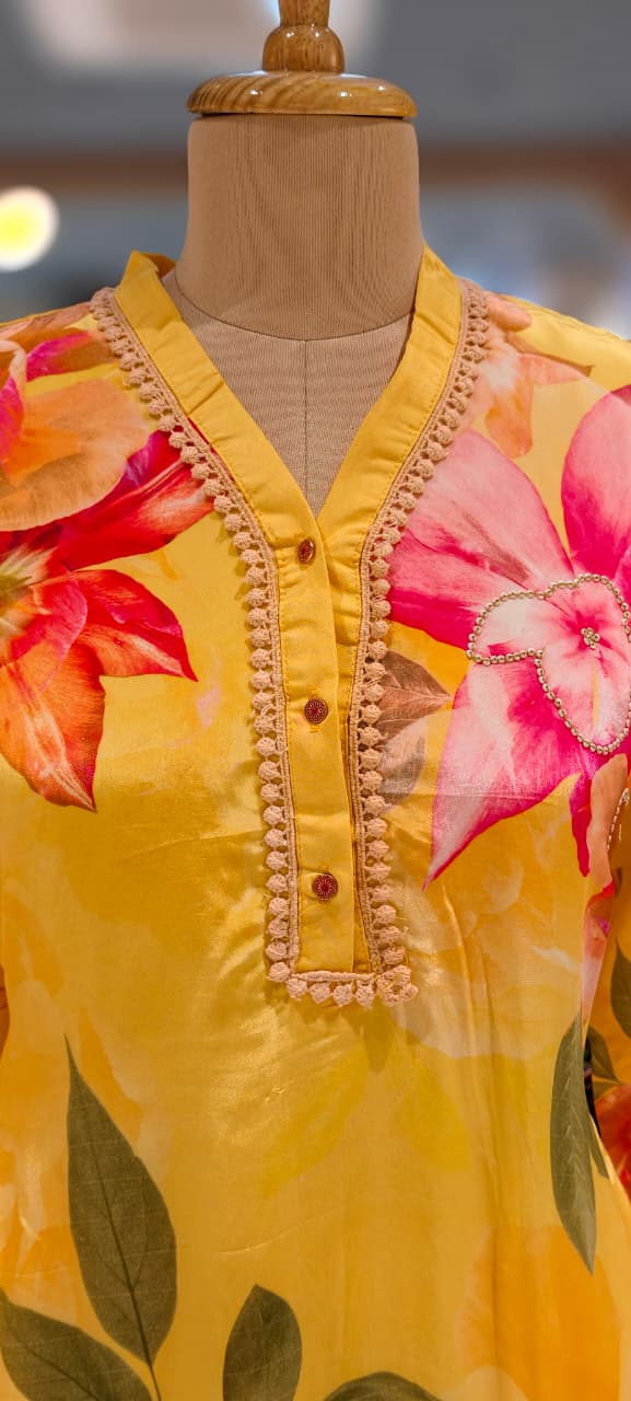 Elegant Yellow Floral Printed Kurta With Decorative Neck Detailing and Matching Pants In Pure Crepe Fabric- 13091