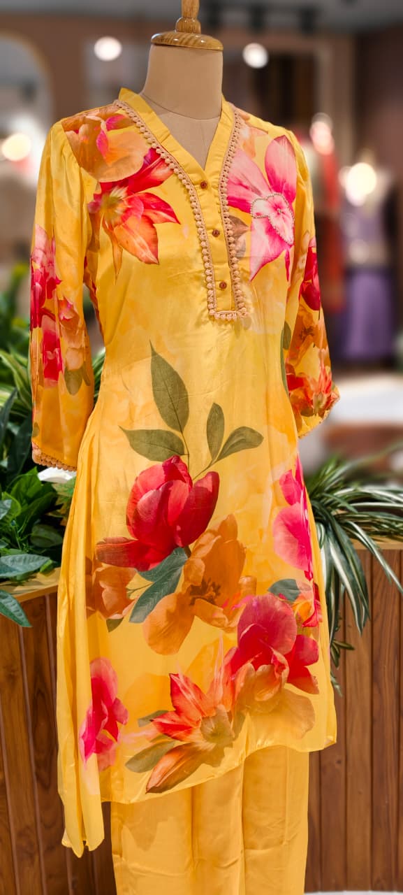 Elegant Yellow Floral Printed Kurta With Decorative Neck Detailing and Matching Pants In Pure Crepe Fabric- 13091