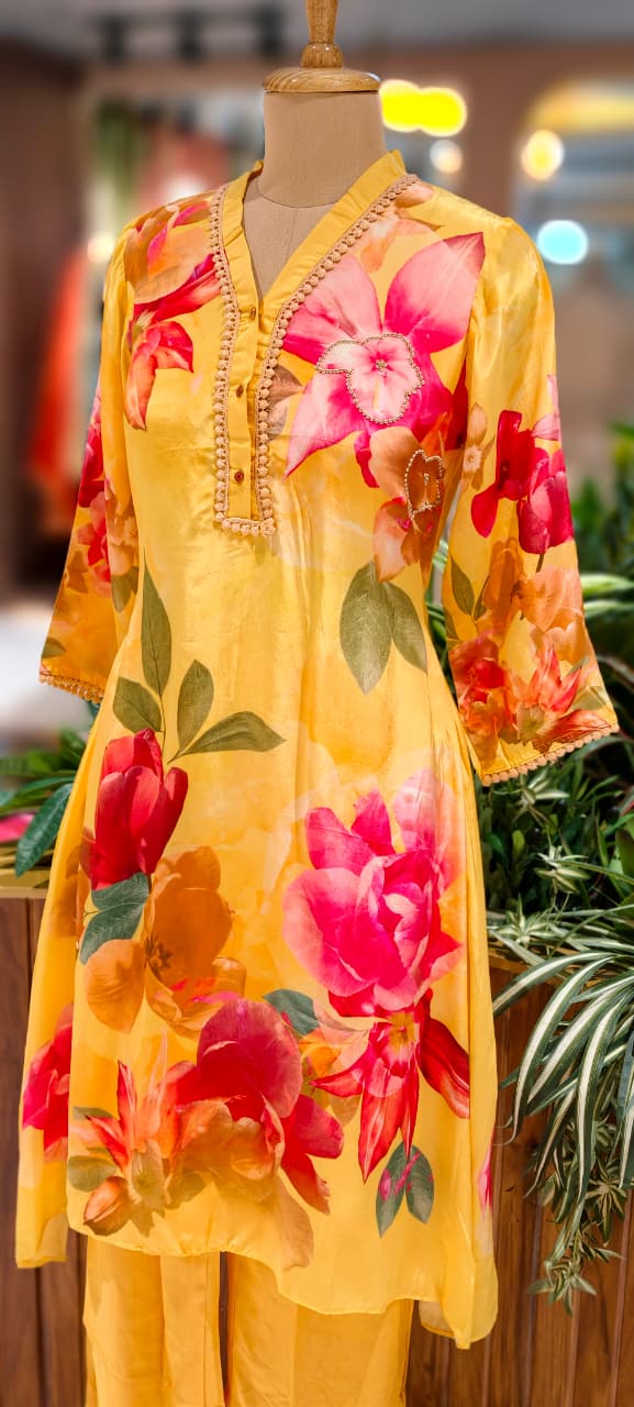 Elegant Yellow Floral Printed Kurta With Decorative Neck Detailing and Matching Pants In Pure Crepe Fabric- 13091