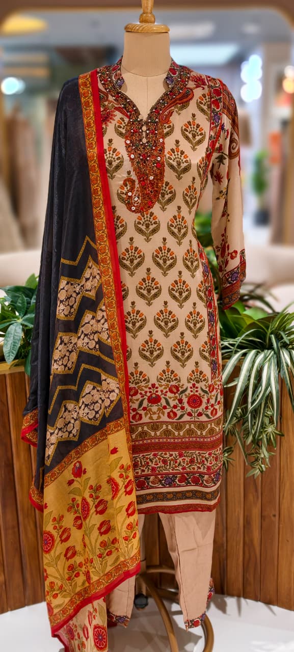 Pure Crepe Beige Floral Printed Straight Cut Kurti with Embroidered Neckline and Matching Bottom- 13087