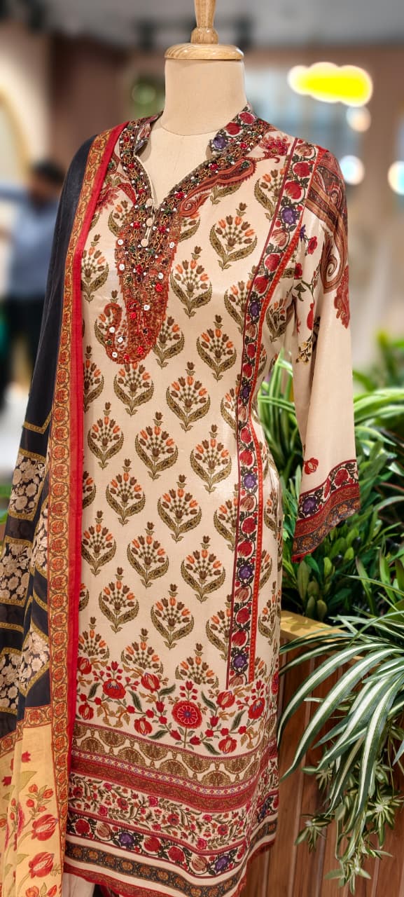 Pure Crepe Beige Floral Printed Straight Cut Kurti with Embroidered Neckline and Matching Bottom- 13087