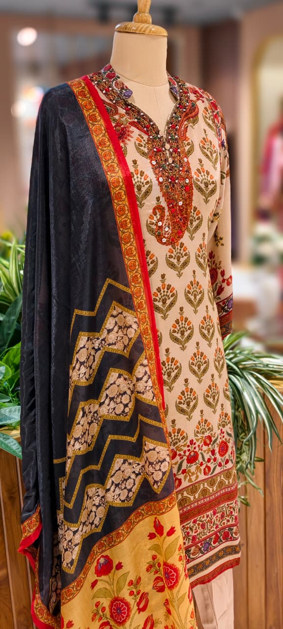 Pure Crepe Beige Floral Printed Straight Cut Kurti with Embroidered Neckline and Matching Bottom- 13087