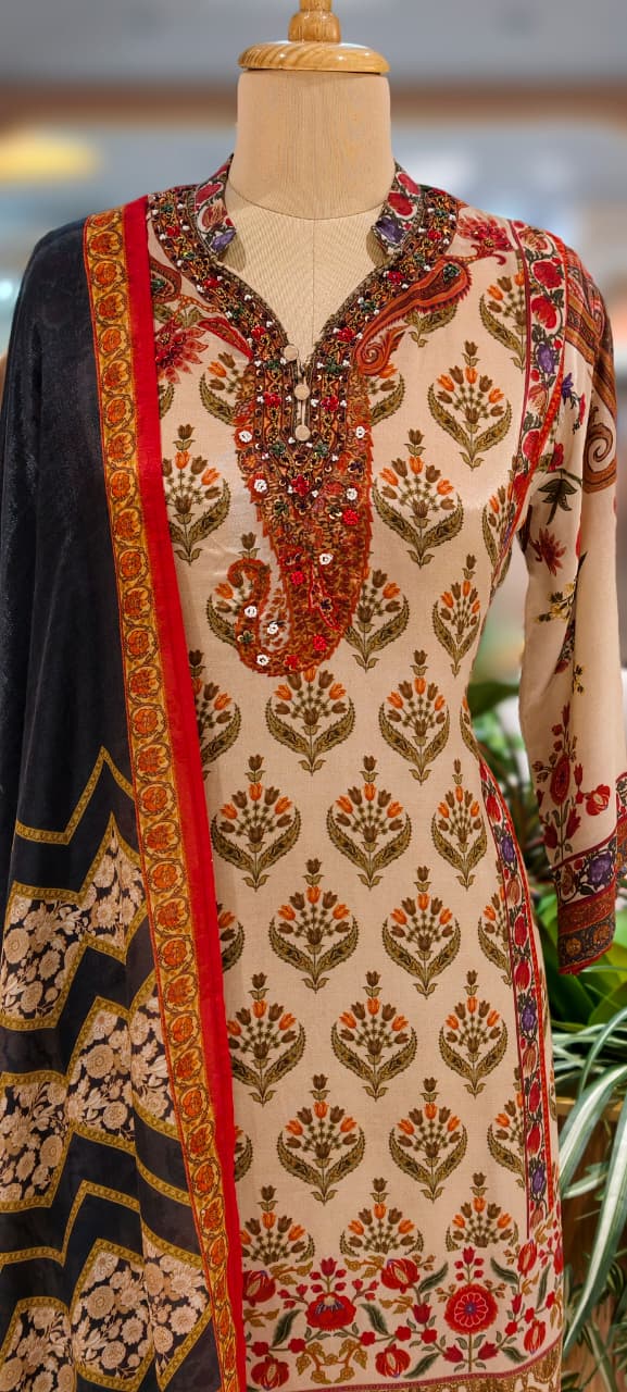 Pure Crepe Beige Floral Printed Straight Cut Kurti with Embroidered Neckline and Matching Bottom- 13087