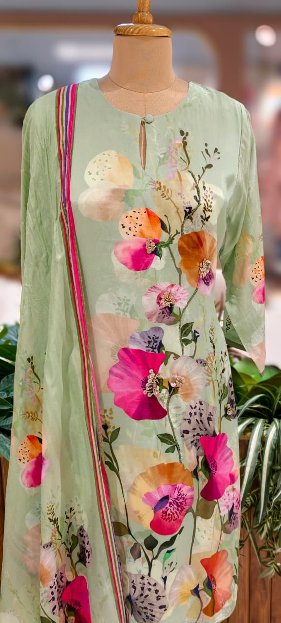 Elegant Mint Green Floral Printed Kurta With Matching Bottom & Dupatta In Crepe Fabric- 13093