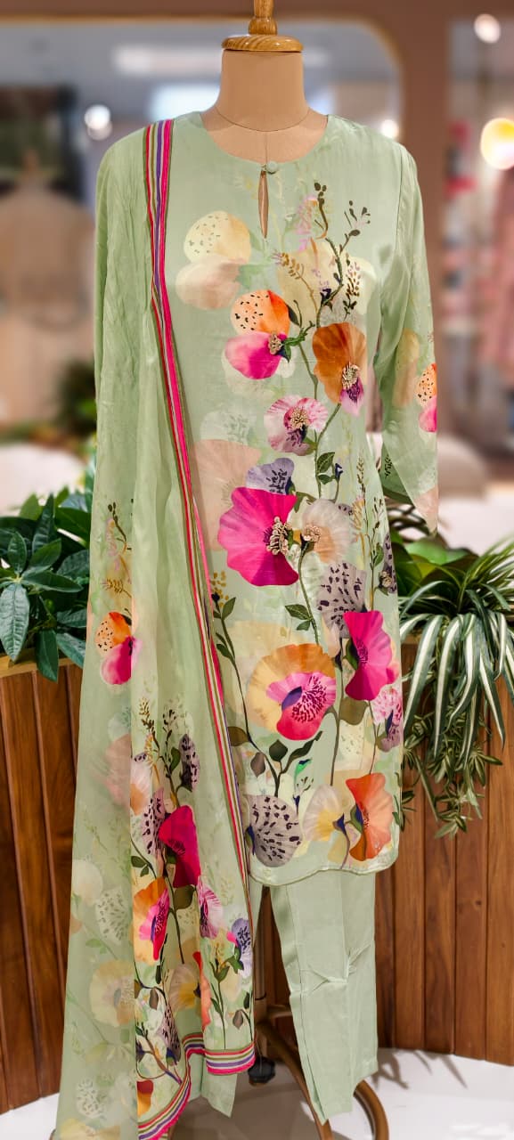 Elegant Mint Green Floral Printed Kurta With Matching Bottom & Dupatta In Crepe Fabric- 13093