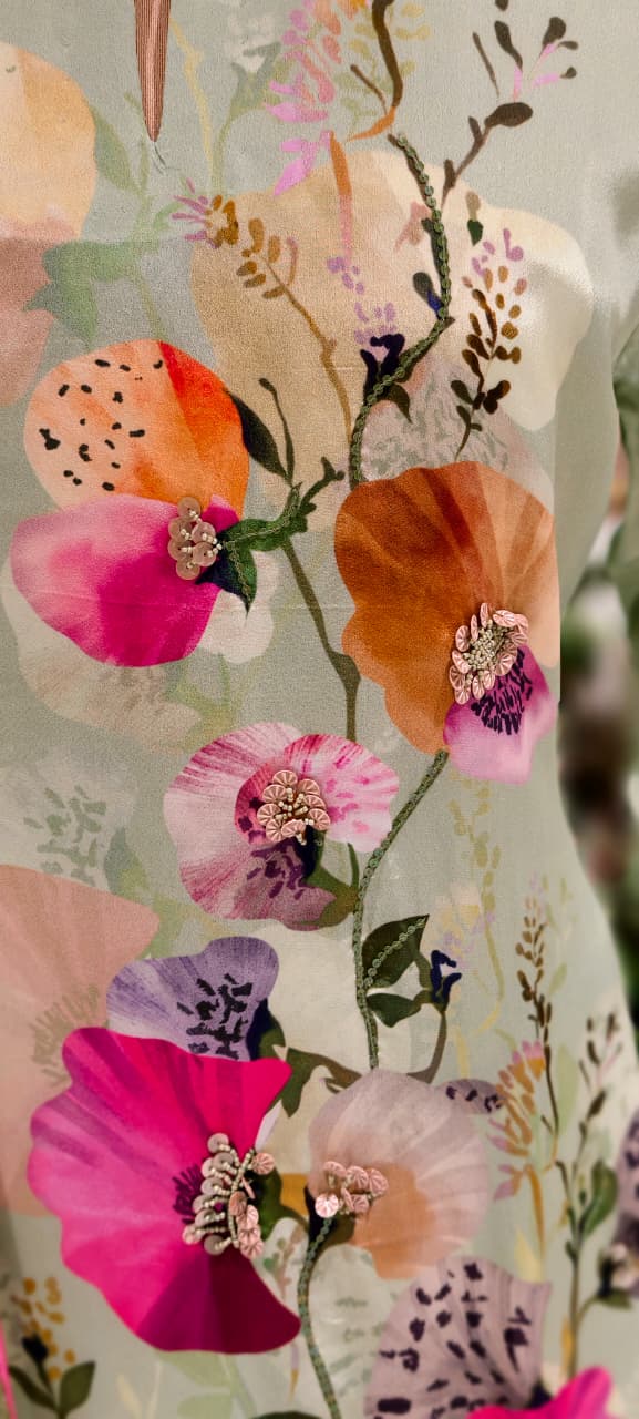 Elegant Mint Green Floral Printed Kurta With Matching Bottom & Dupatta In Crepe Fabric- 13093