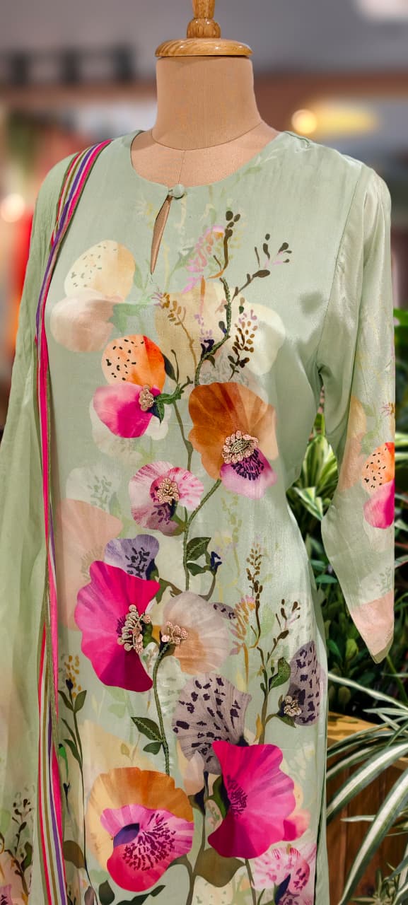 Elegant Mint Green Floral Printed Kurta With Matching Bottom & Dupatta In Crepe Fabric- 13093