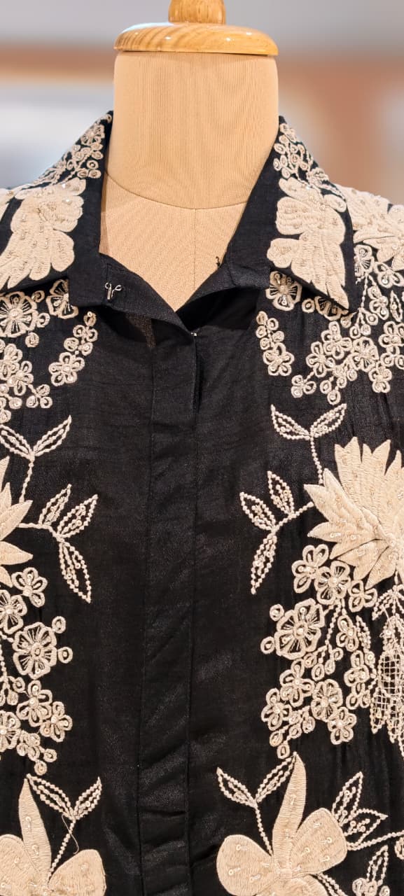 Pure Thread Embroidery With Sequin Upwork Floral Co-Ord Set In Silk Fabric