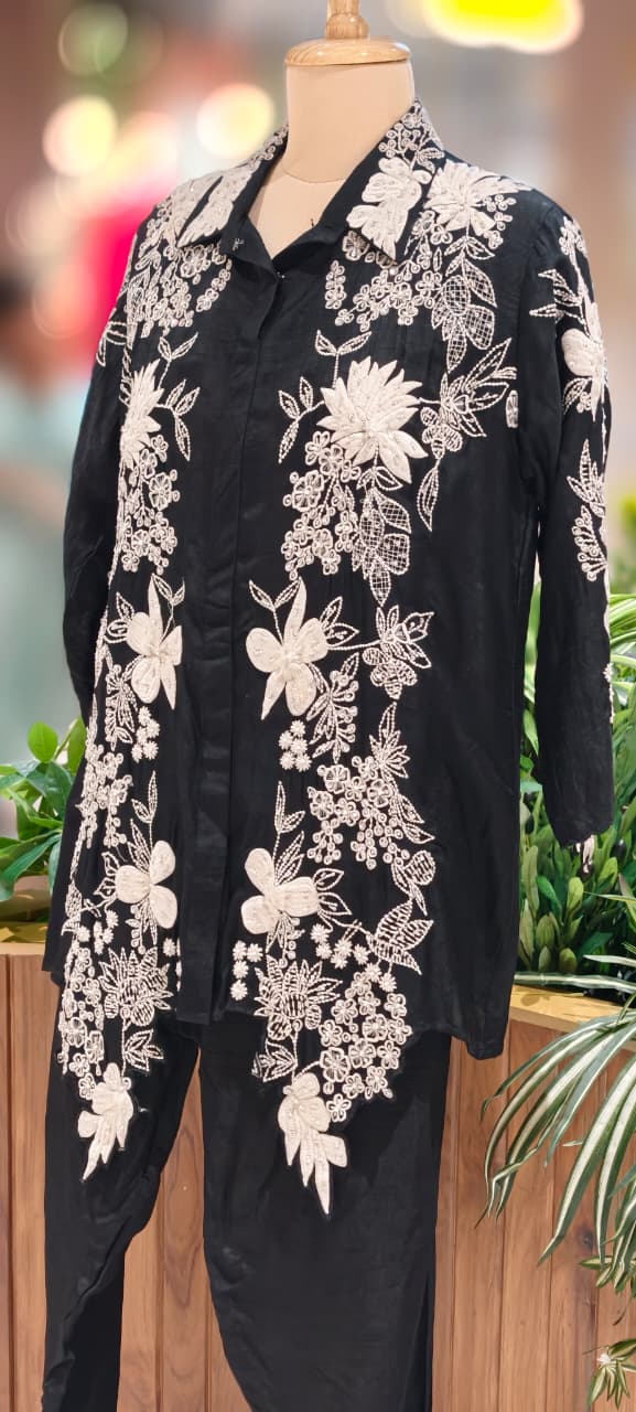 Pure Thread Embroidery With Sequin Upwork Floral Co-Ord Set In Silk Fabric