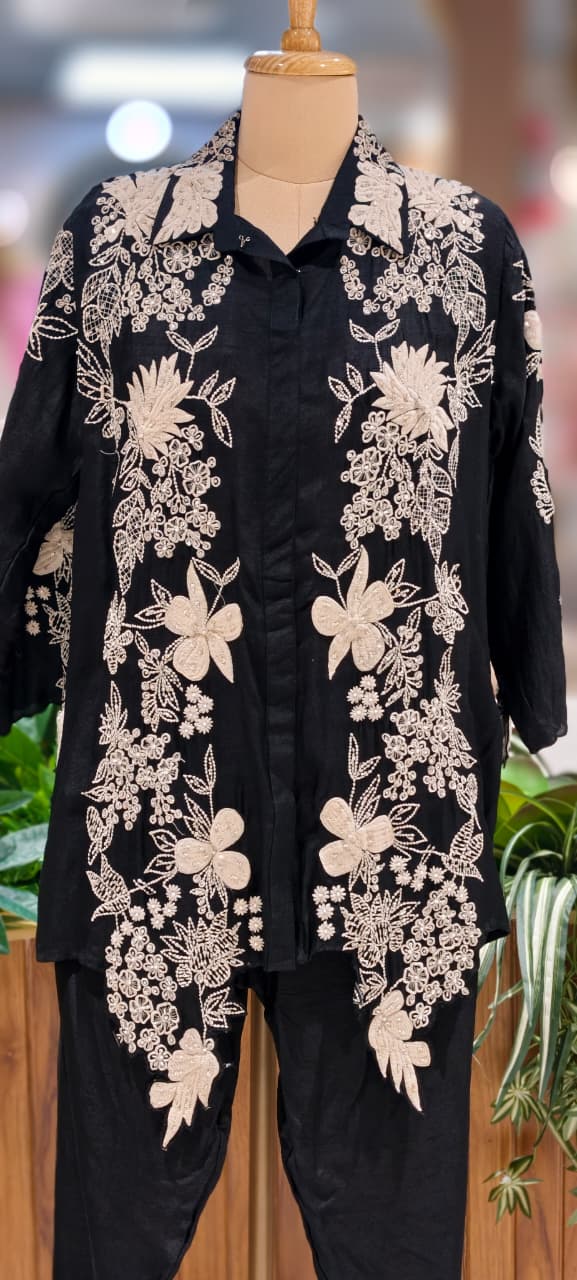 Pure Thread Embroidery With Sequin Upwork Floral Co-Ord Set In Silk Fabric