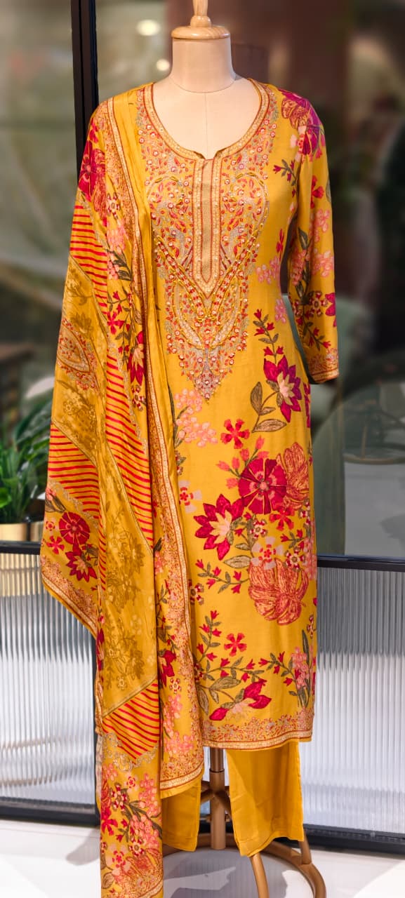 Digital Floral Placement Print Straight Full Suit Set With Dupatta In Muslin Fabric- 13153
