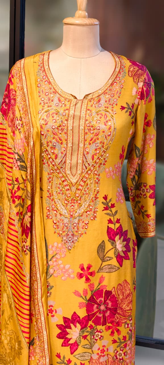 Digital Floral Placement Print Straight Full Suit Set With Dupatta In Muslin Fabric- 13153