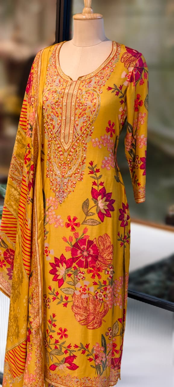Digital Floral Placement Print Straight Full Suit Set With Dupatta In Muslin Fabric- 13153