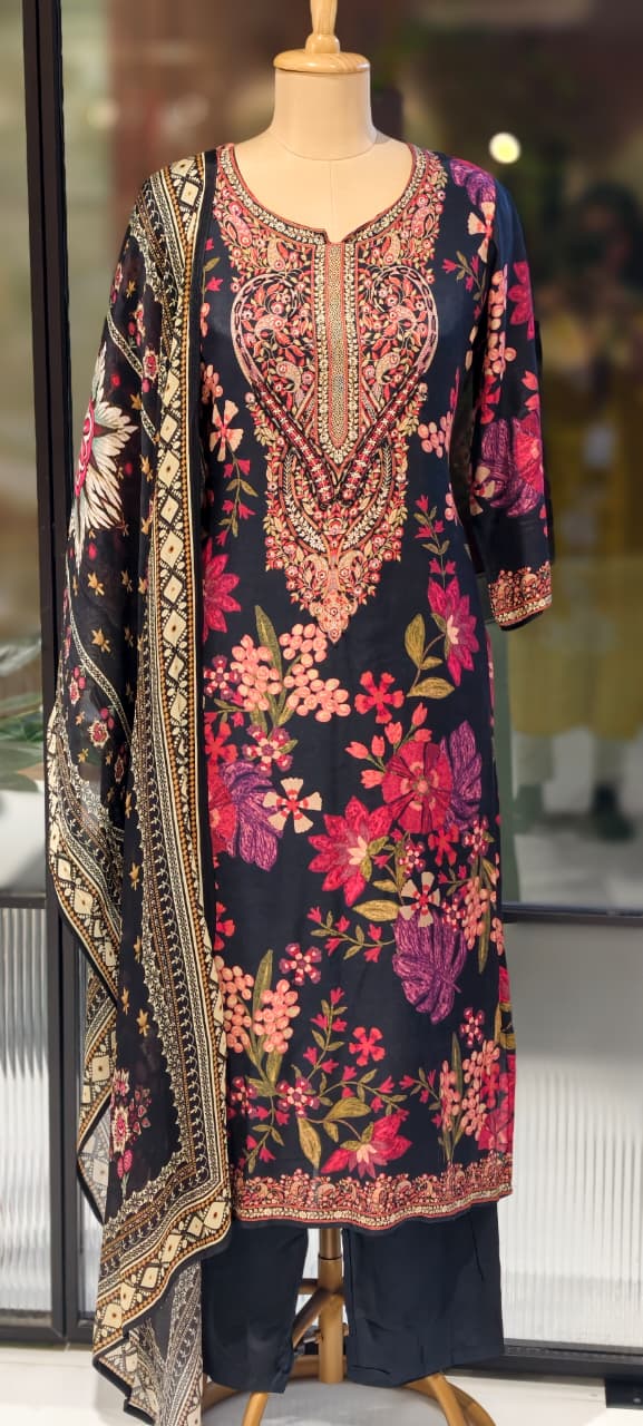 Digital Floral Placement Print Straight Full Suit Set With Dupatta In Muslin Fabric- 13153