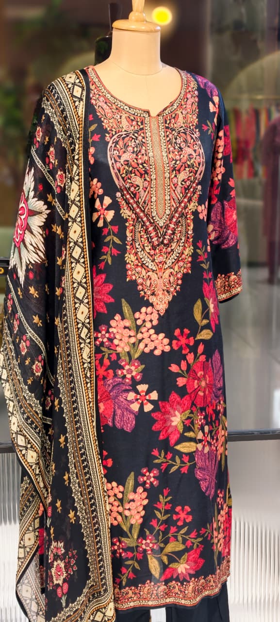 Digital Floral Placement Print Straight Full Suit Set With Dupatta In Muslin Fabric- 13153
