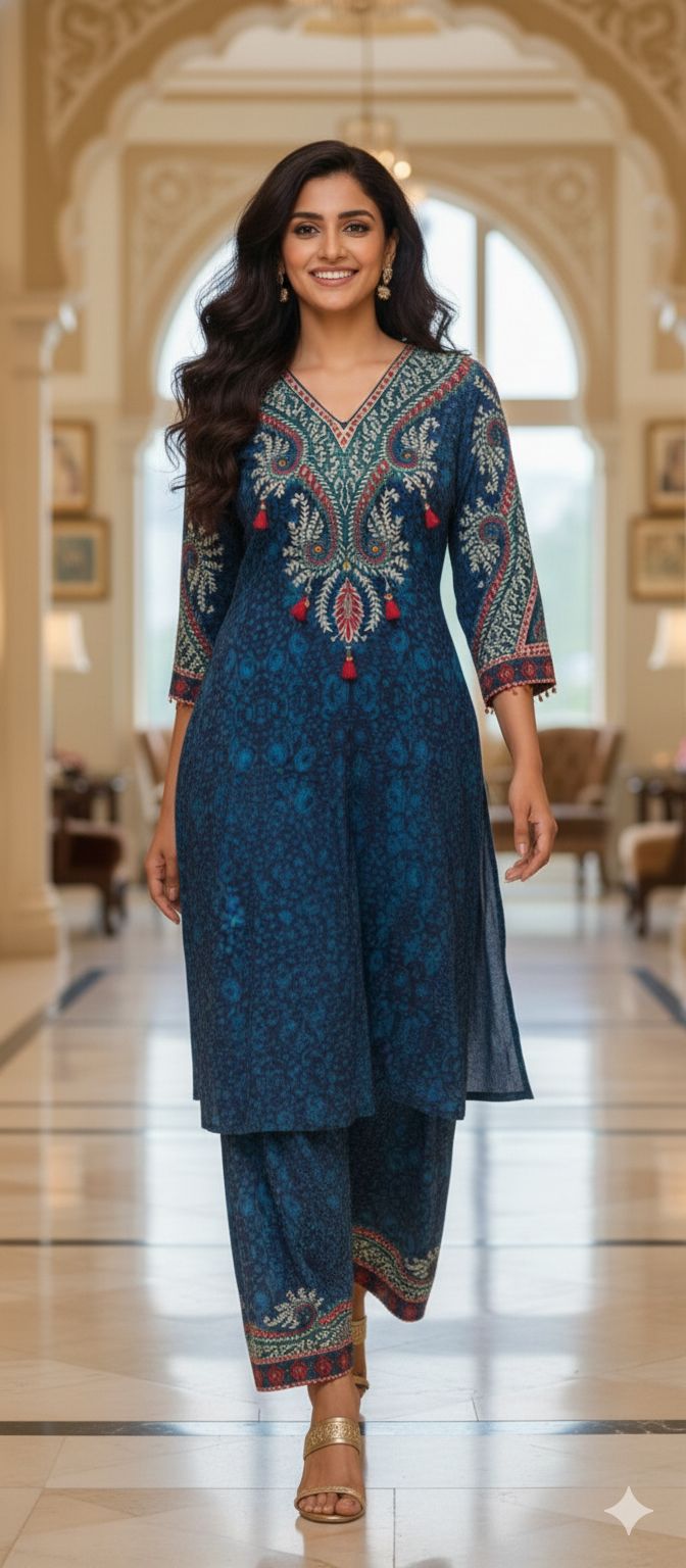 Beautiful Print Vibrant Kurta With Farsi Bottom Set In Crepe Fabric- 13107