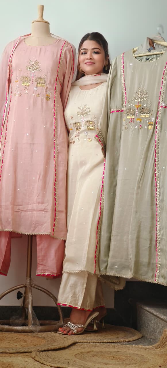 Figure Embroidery Real Mirror With Sequin Elegance Tissue Highlighted A-line Full Suit Set With Dupatta- 11324