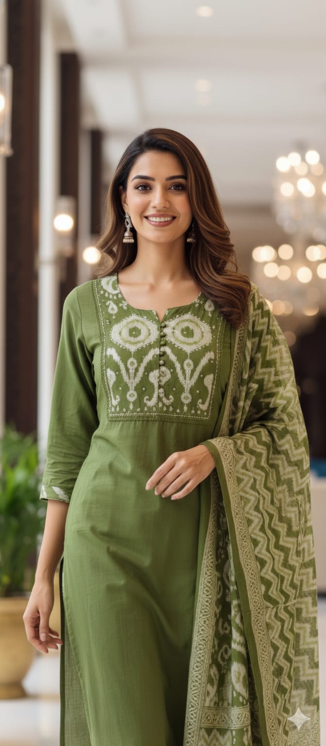 Ikkat Printed Yoke Solid A-Line Full Suit Set With Dupatta In Cotton Fabric- 13185