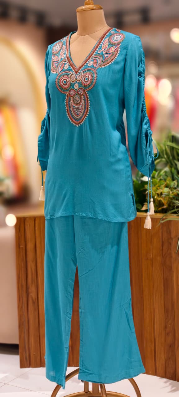 Multicolor Thread Embroidery Front Design Solid Co-Ord Set With Stylish Sleeve In Slub Cotton Fabric-13223