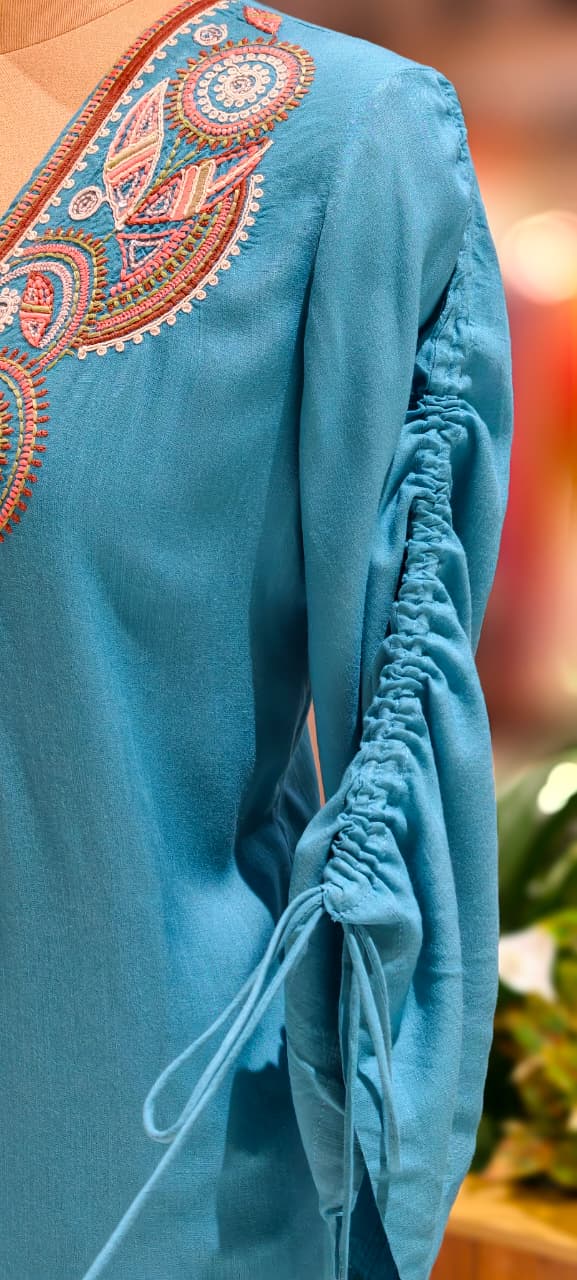 Multicolor Thread Embroidery Front Design Solid Co-Ord Set With Stylish Sleeve In Slub Cotton Fabric-13223