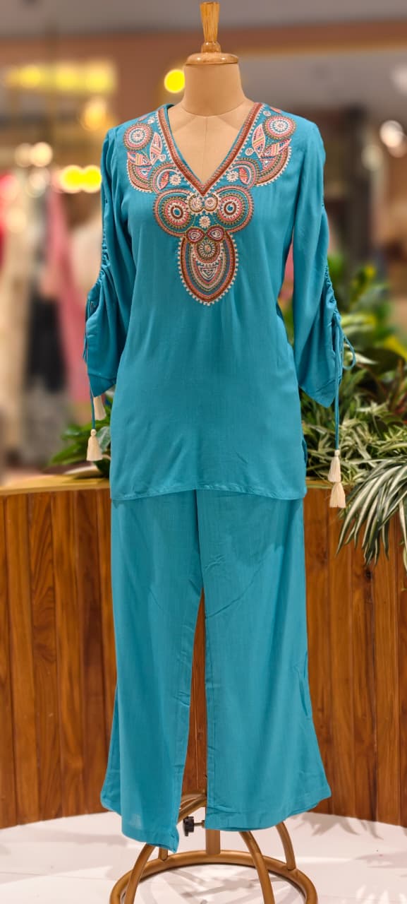 Multicolor Thread Embroidery Front Design Solid Co-Ord Set With Stylish Sleeve In Slub Cotton Fabric-13223