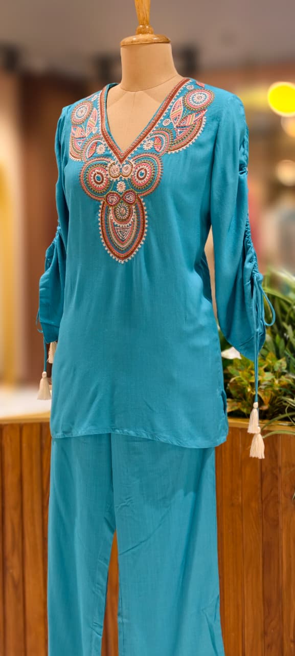 Multicolor Thread Embroidery Front Design Solid Co-Ord Set With Stylish Sleeve In Slub Cotton Fabric-13223