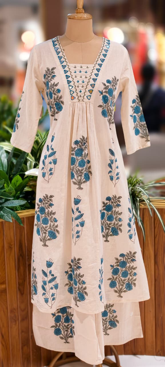 Real Mirror Beautiful Neck Line Floral Printed A-Line Kurta Pant Set In Cotton Fabric-13222