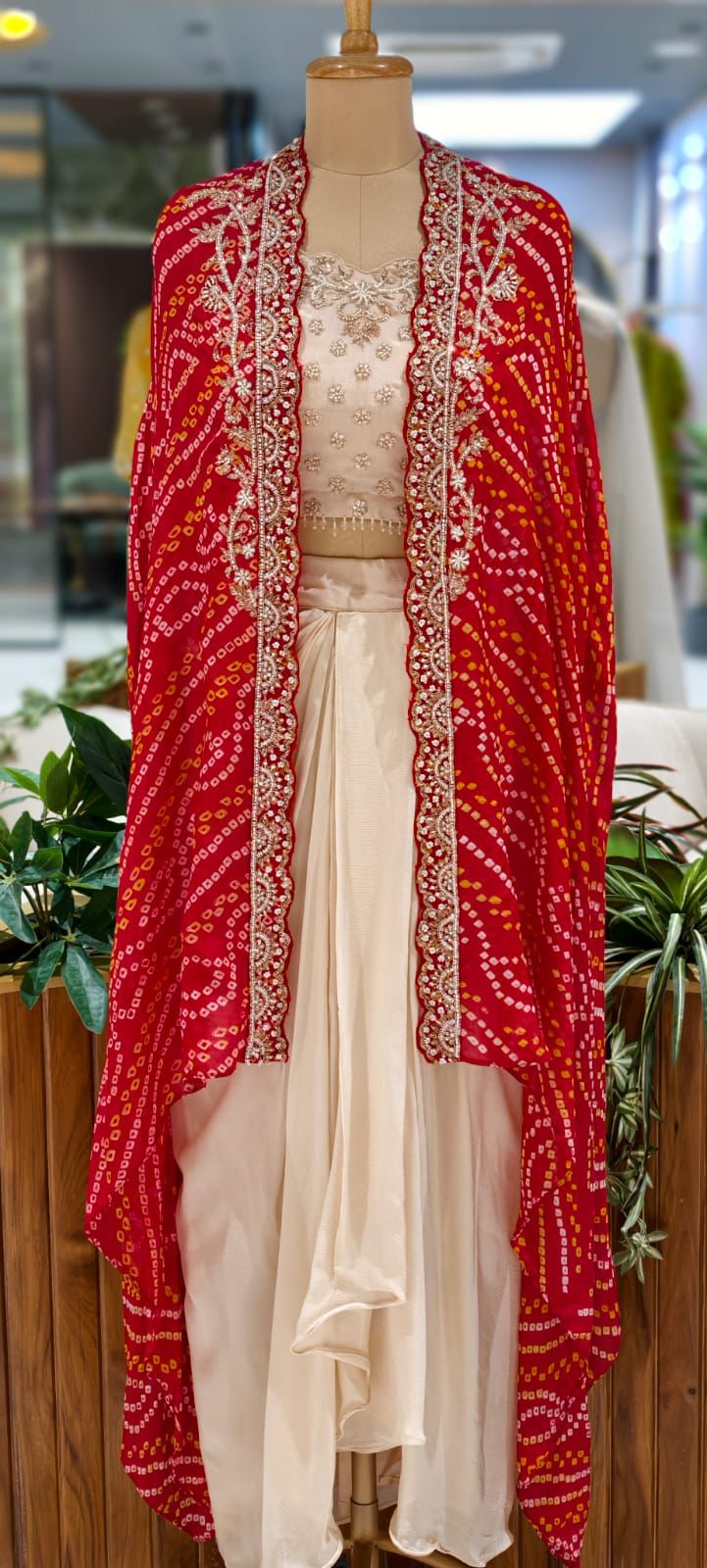 Rich Handwork Tasseled Crop-Top With Drape Skirt & Bandhani Print Vibrant Shrug- 12791
