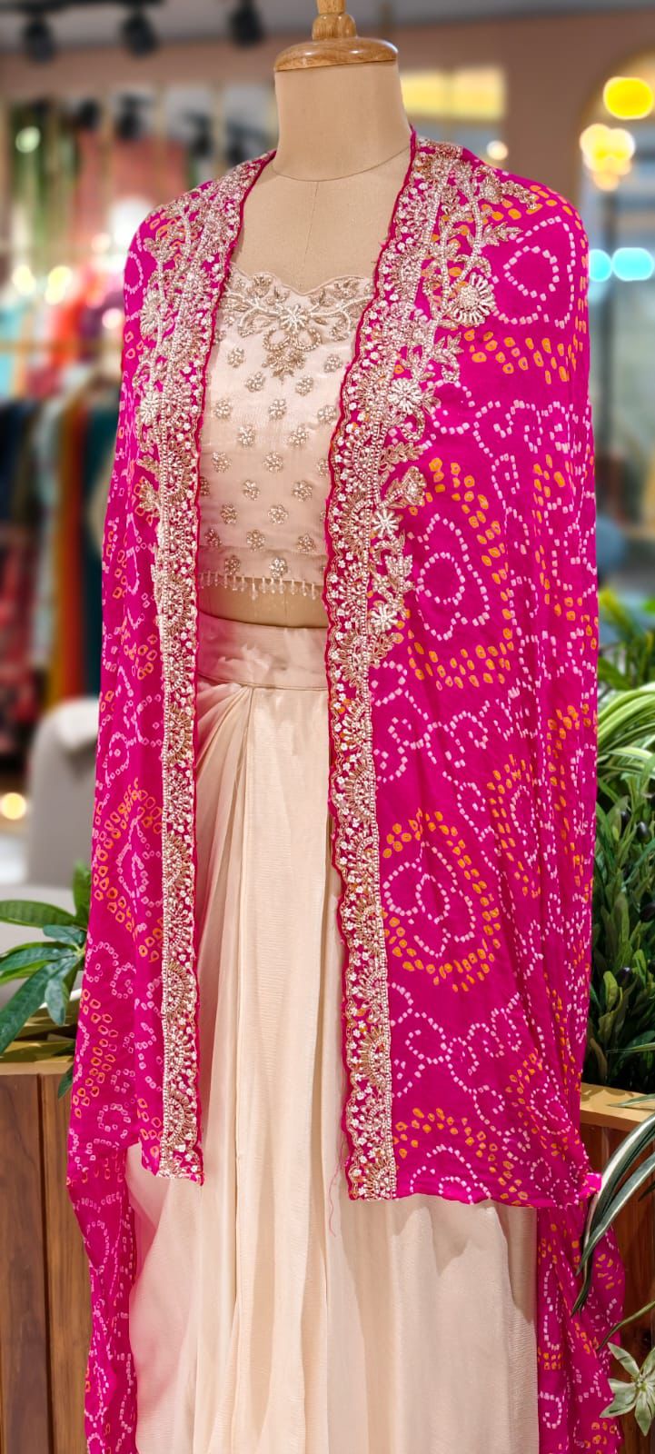 Rich Handwork Tasseled Crop-Top With Drape Skirt & Bandhani Print Vibrant Shrug- 12791